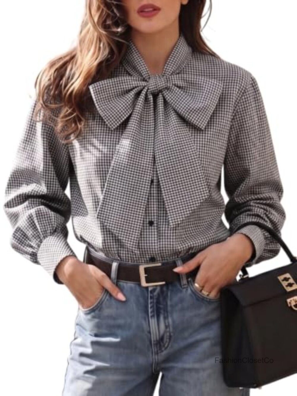 Oversize Plaid Button Down Blouse Bow Tie Neck Long Sleeve Shirt Top